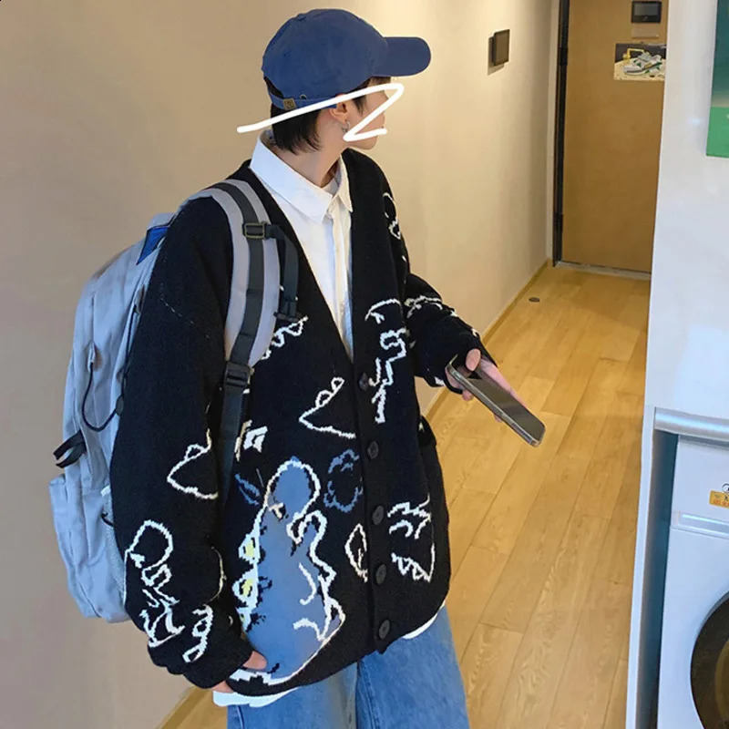 Autumn Oversize Cardigan Men Knitted Dinosaur Sweater Streetwear Loose Male Women Coat Doodle Hip Hop Pattern Winter 240814