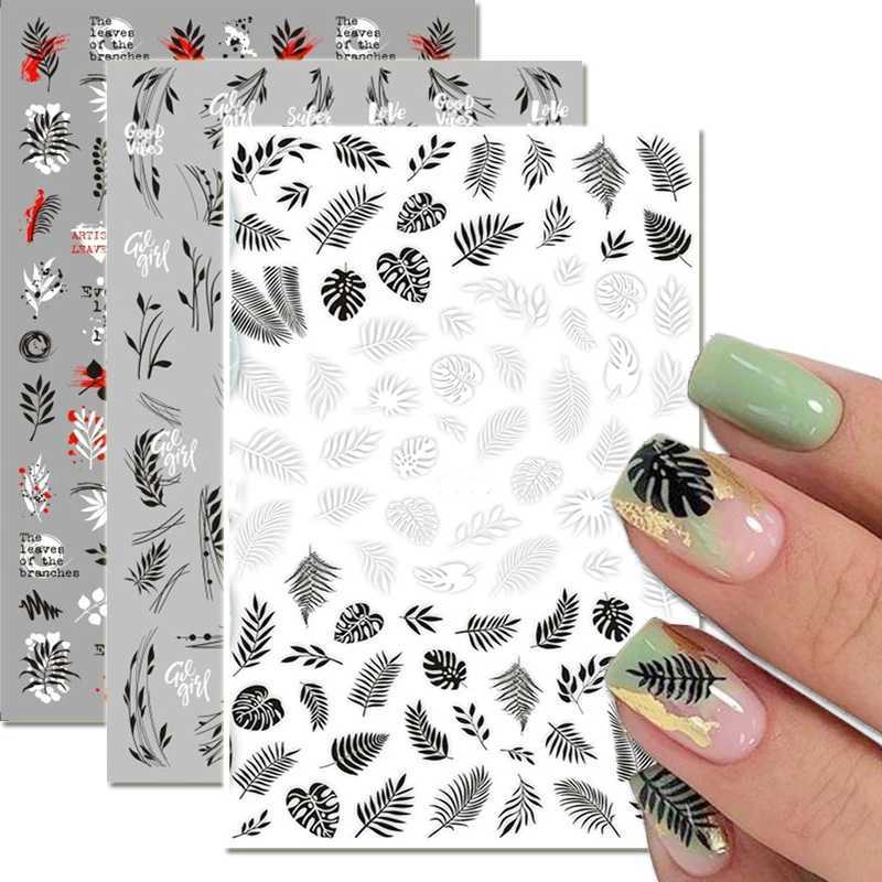 Black White Maple Leaf Nail Stickers Geometric Lines 3D Adhesive Stickers Nail Parts Flowers Feather Nail Decals Nail SlidersXJ240814