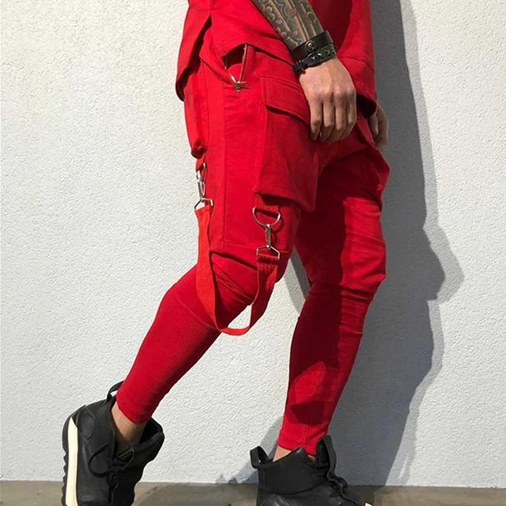 Mens running elastic tight sports pants breathable fitness casual cotton multi pocket pants ultra-thin legs W250318