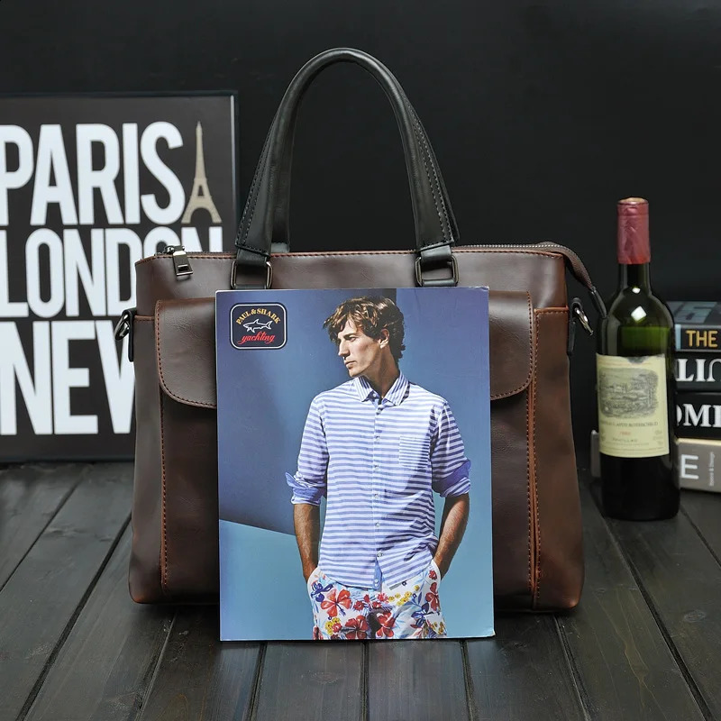 Vintage MenS Briefcase Crazy Horse PU Leather Executive Laptop Executive Handbag Tote Messenger Business Portfolio Side Bag 240813