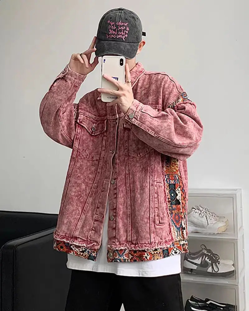 2024 American retro sweet cool pink patchwork denim jacket mens loose casual retro couple jacket S-3XL 240814