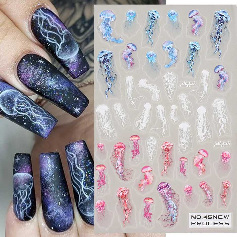 Sea Animal Jellyfish Nail Stickers Blue Shell Star Fish 3D Decals Beach Wave Palm Tree Nail Art Sliders Scrub Spring Design SANOXJ240814