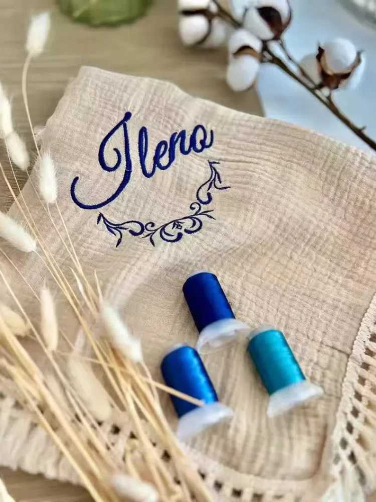 Embroidered Custom Name Cotton Muslin Swaddle Blankets for Newborn Baby Tassel Receiving Blanket Personalized Baby Name Blanket Y240815