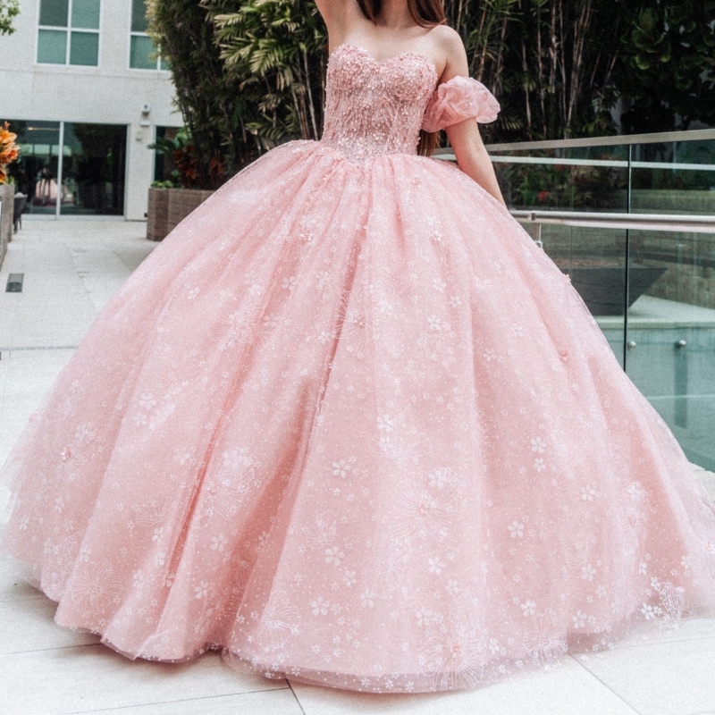 Light Pink Sparkly Quinceanera Dresses 2024 Formal Party Beading Lace Tull Sweet 15 Dress Graduation Ball Gwon Prom Gowns