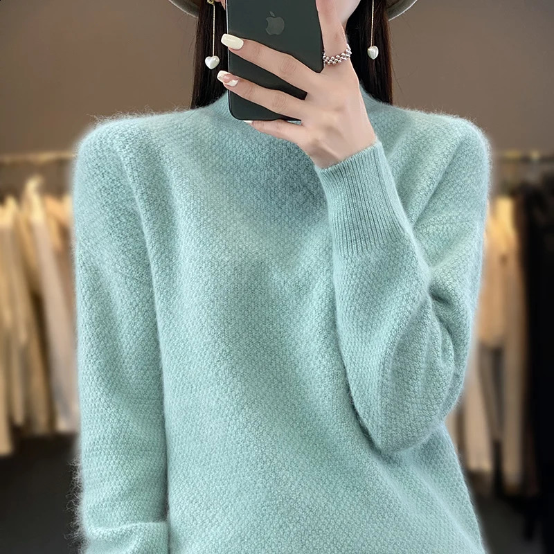 DjzDsm 100% mink cashmere fleece sweater autumnwinter half turtle neck loose wool thickest womens bottom 240814
