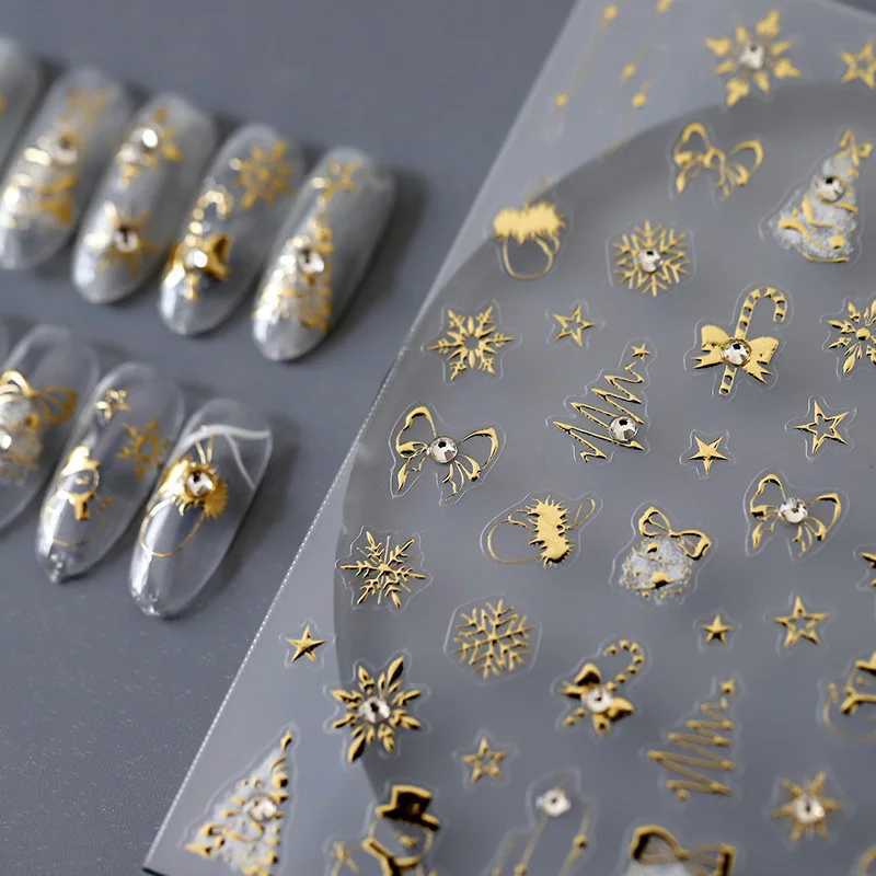 1Sheet Shiny Gold Laser 3D Christmas Bow Nail Art Sticker Relief Back Adhesive Nail Art Sticker DIY Manicure Decortions SlidersXJ240814