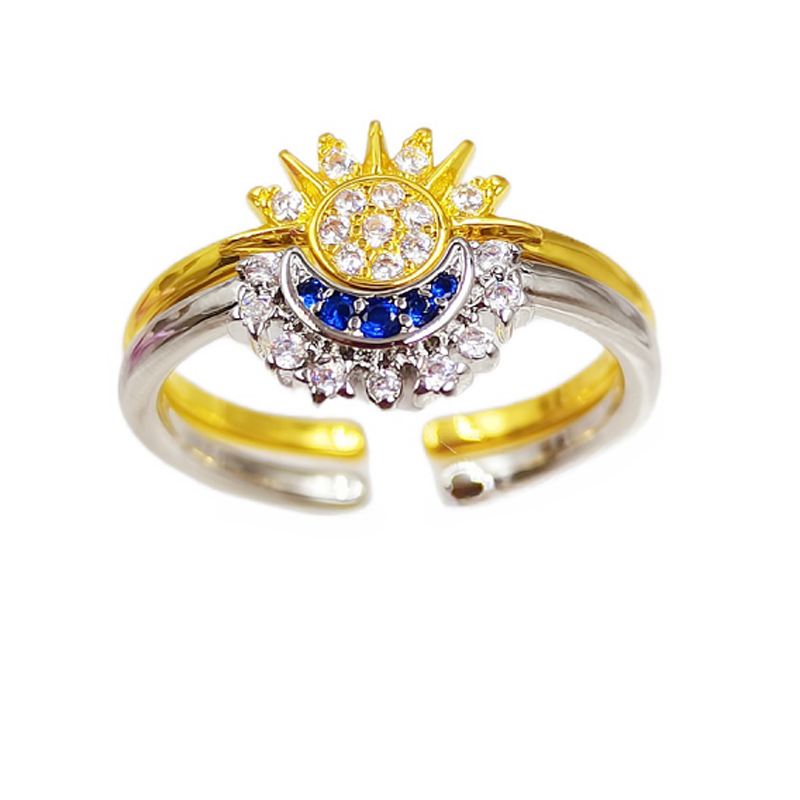Designer ring cross-border burst paragraph Europe and the United States hot sale simple shiny sun moon blue diamond stacked celestial couple open ring