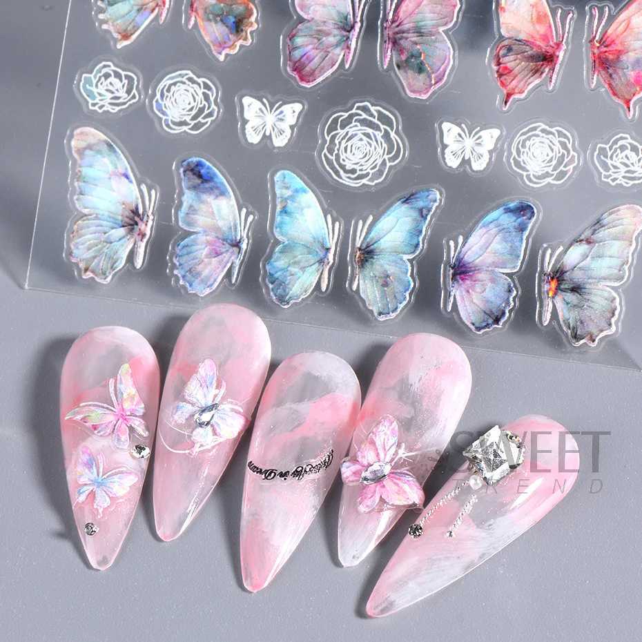 Acrylic Engraved Butterfly Nail Manicure Sticker Holographic Crystal Fairy Rose Flowers Adhesive Decals Charm Spring Foils WrapsXJ240814