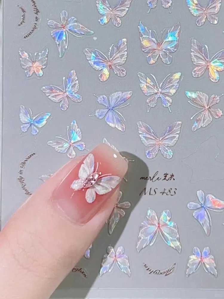 Pink Purple Aurora Shell Butterfly Nail Stickers Shiny Laser 3D Butterflies Nail Decals 8*10cm Adhesive Aurora Shell Butterfly NXJ240814