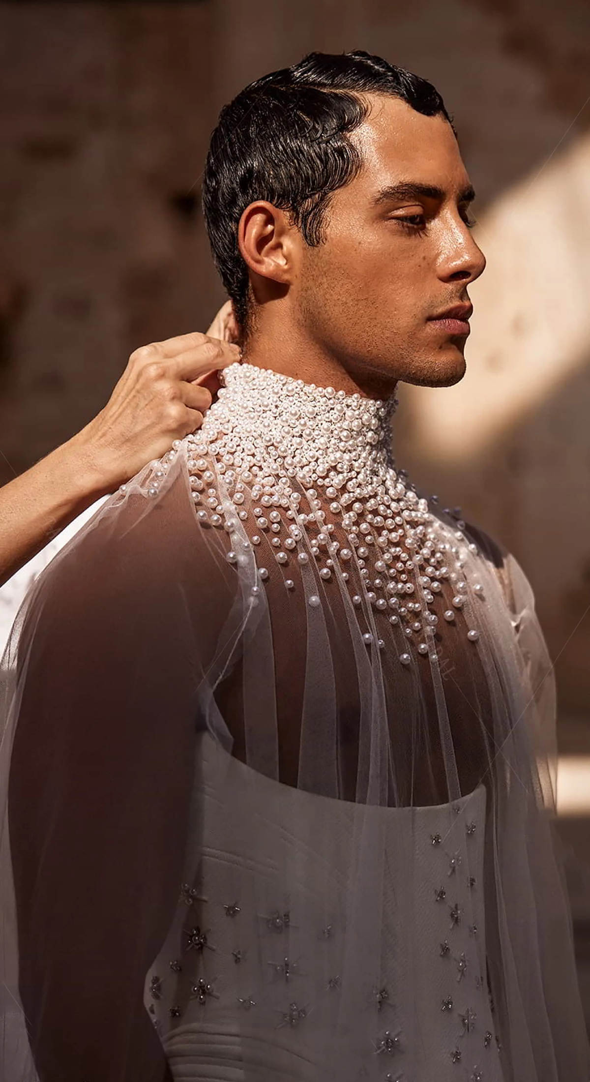 Attractive Long Wedding Wrap Pearls 3D Appliques Tulle High Neck Bride Shawl For Strapless Bridal Dress High Quality Custom Made