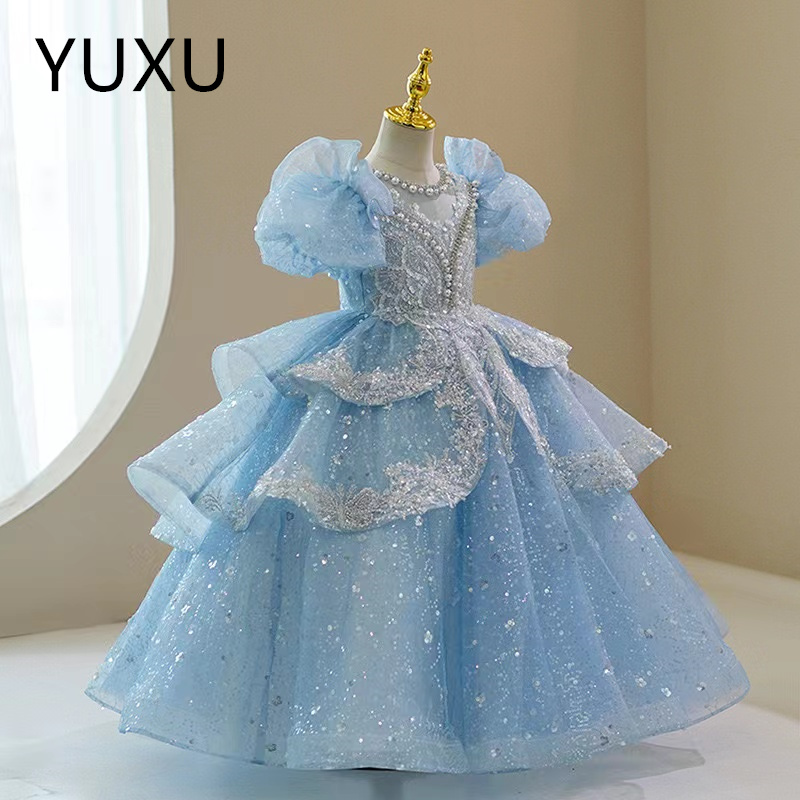 crystals Boho Ruffles Flower Girls Dresses For Weddings sequined blingbling Halter Kids Pageant Dress Floor Length Beach Birthday First holy Communion
