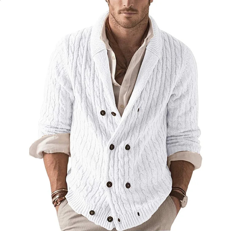 Mens Clothes Autumn Cardigan Double Breasted Lapel Long Sleeve Warm Stretchy Casual Simple Fashion Knitting Male Sweater 240814