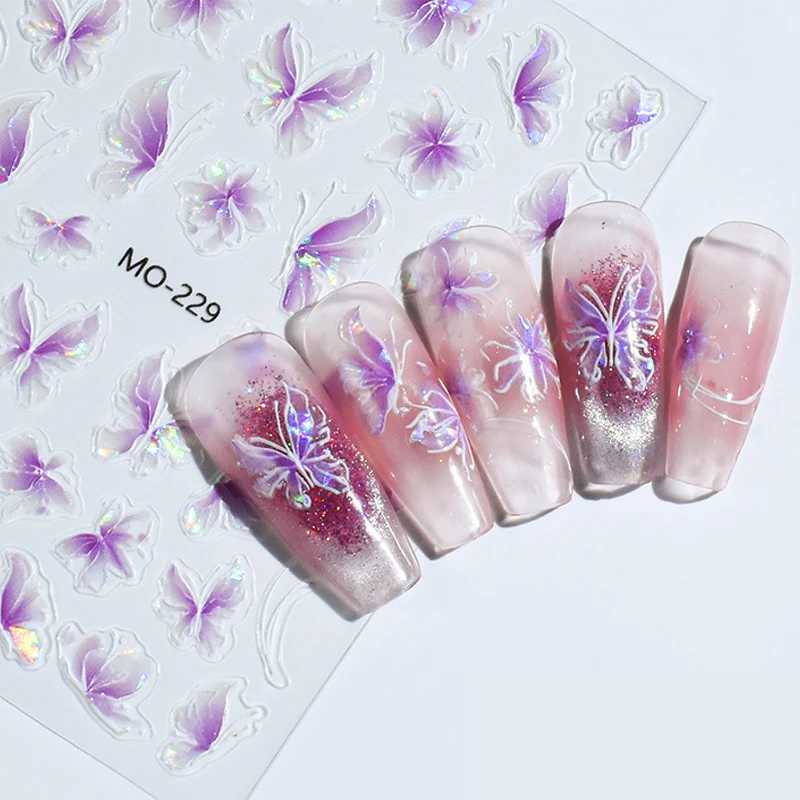 1Pcs Aurora Laser Butterfly Nail Stickers Pink Self Adhesive Cute Cherries Elegant Nail Decals Spring Summer Manicure SuppliesXJ240814