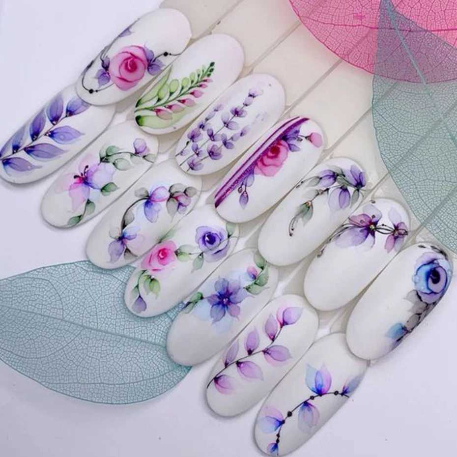 Ink Blooming Flower Water Decals Floral Leaves Graffiti Transfer Nail Stickers Love Heart Geometry Decals Manicure AccessoriesXJ240814