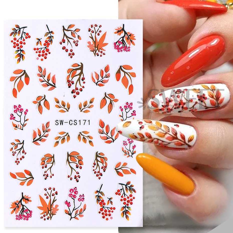 Autumn Pumpkin Nails Adhesive Stickers Fall Maple Leaf Flower Holly Element Decal Winter Adhesive Sliders Manicure Supplies TipsXJ240814