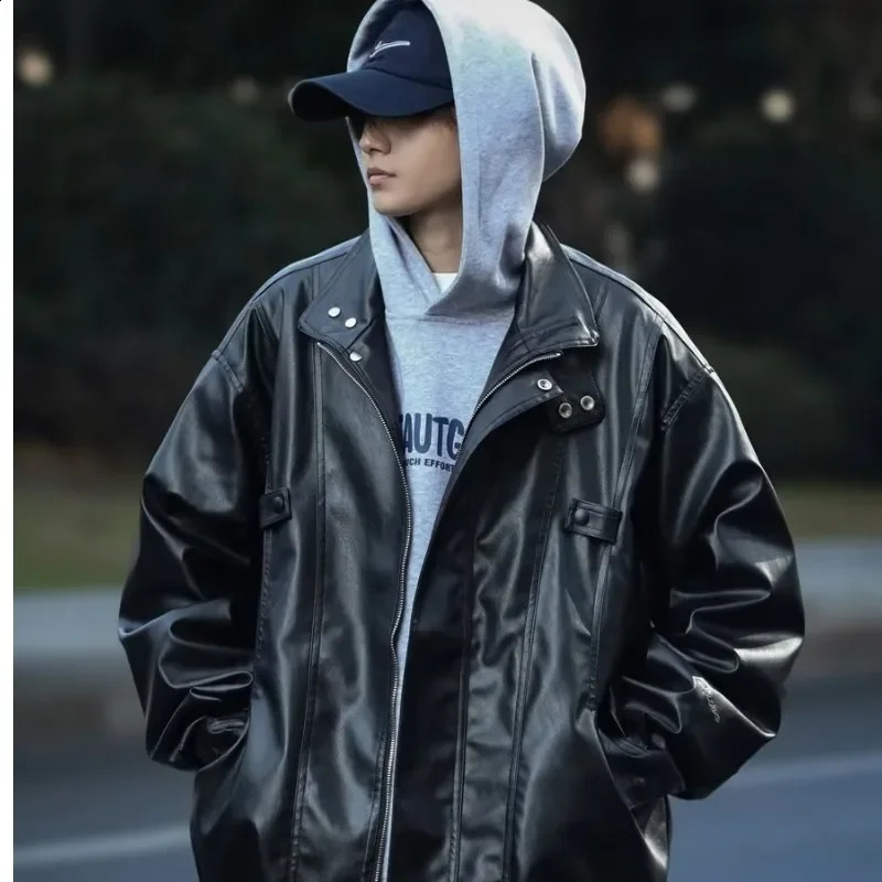 Trendy American Style Loose-fit Leather Jacket For Men Autumn Season Pu Leather Fighter Pilot Casual Versatile Top 240814