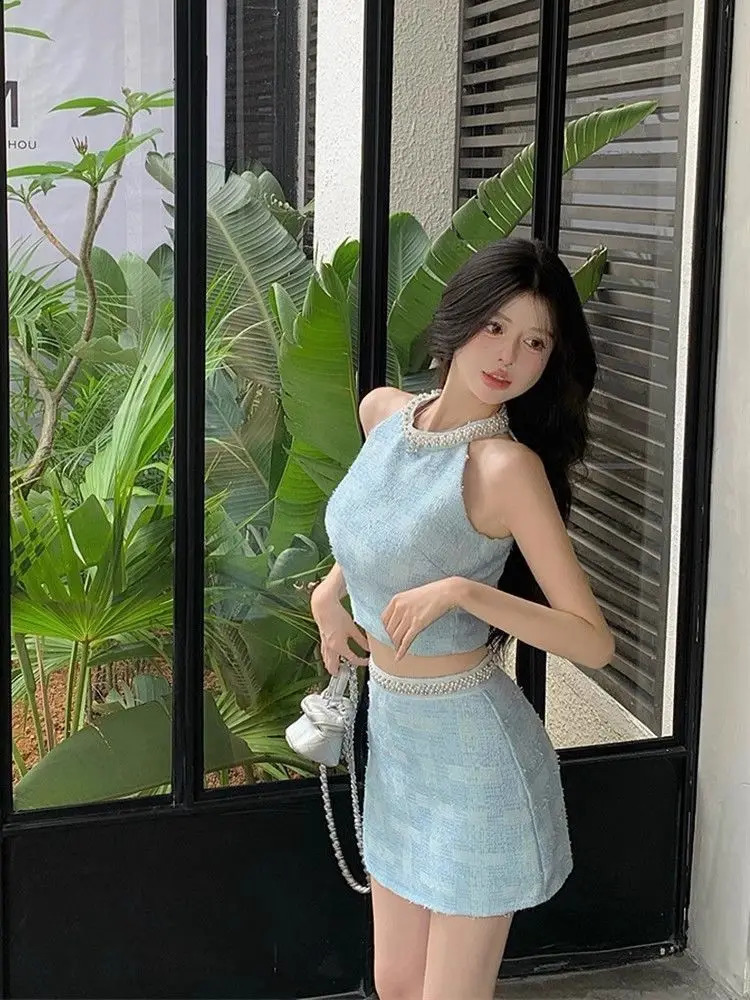 Sweet Suit Womens Summer Blue Beaded Diamonds Halter Neck Tank Top High Waist Mini Skirt Two-piece Set Female Clothes 240815