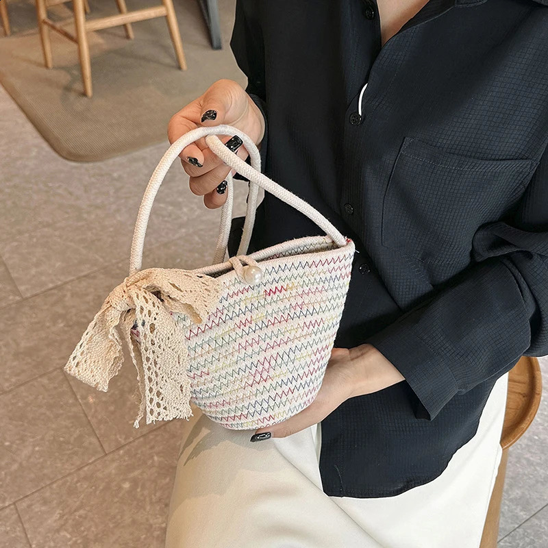 Womens Cotton Woven Bag Summer Trendy Portable Beach Bucket Crossbody Knitted Shoulder for Travel 240814