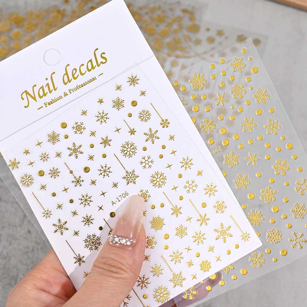 3D Gold Glitter Snowflake Nail Sticker Winter Reflective Elk Star Balloon Christmas Tree Foil Xmas New Year Decal Tips DecoratioXJ240814