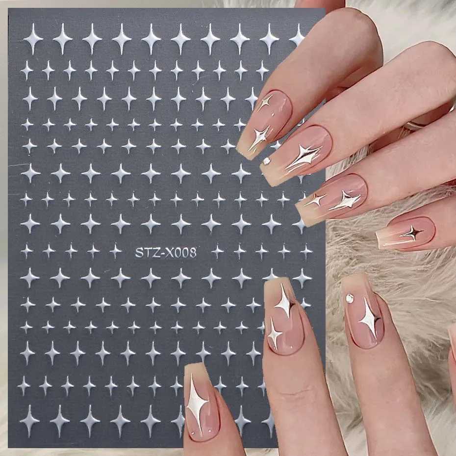 Silver Gold Star Nail Art Stickers Y2K Charms Self-Adhesive Sliders Laser White Chrome Gel Polish Decals Kawaii AccesoriesXJ240814