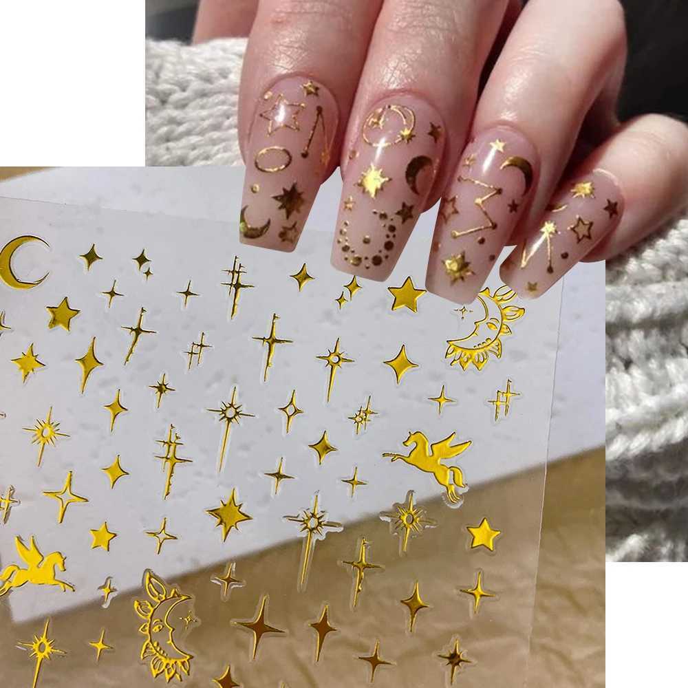 6/4Pcs Black White Love Heart 3D Nail Stickers Cute Self Adhesive Bronzing Star Moon Slider Valentine Decals Manicure DecorationXJ240814