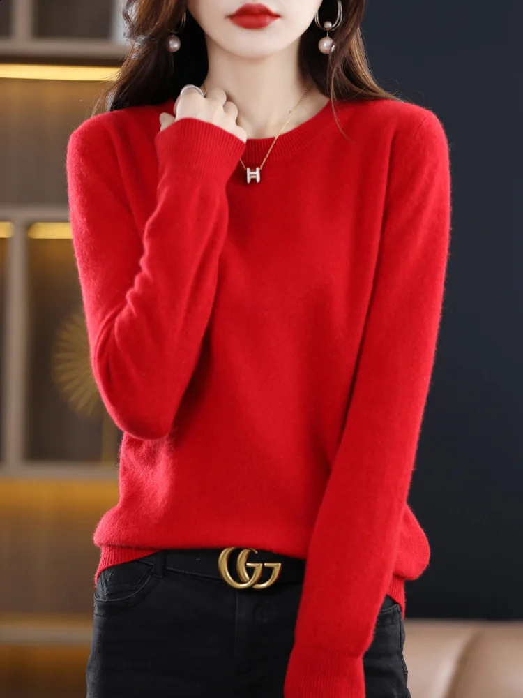 100% Merino Wool Sweater Womens Cashmere Flower Knitted Autumn Oneck Solid Color Fashion Basic Top 240814