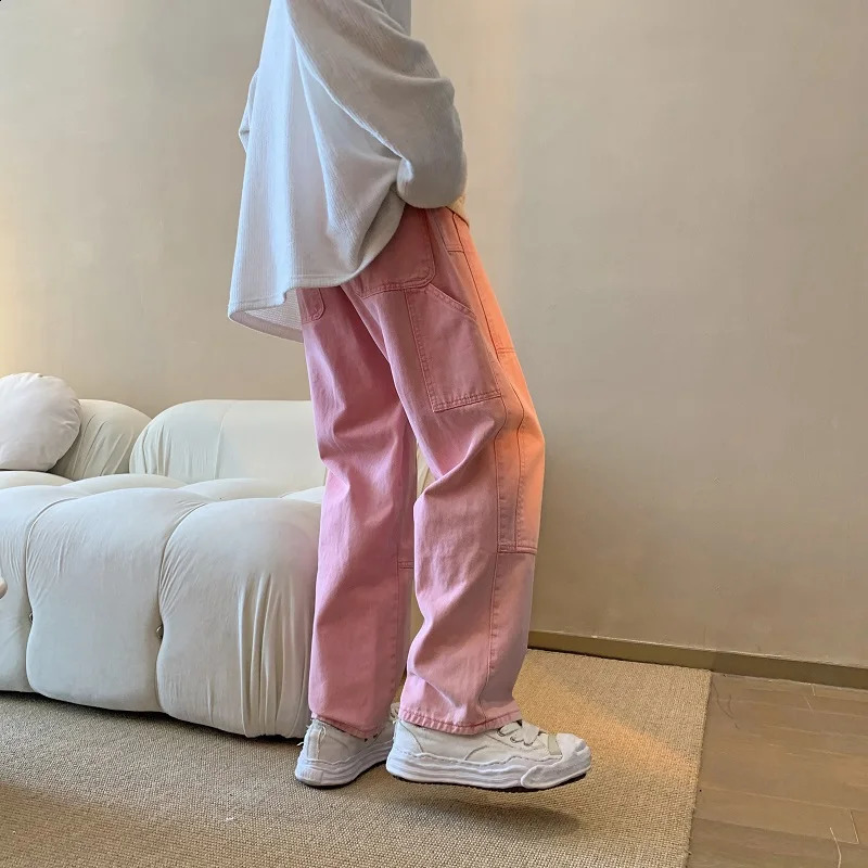 Cargo Pink Jeans Men Fashion Harajuku Casual Baggy Straight Jeans Men Streetwear Loose Hip Hop Denim Pants Mens Trousers S-3XL 240814