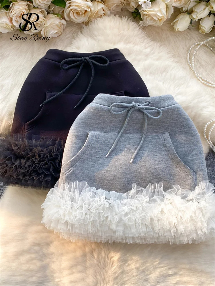 SINGREINY American sweet Skirt 2024 Fashion Edible Tree Fungus Bodycon Women Drawstring Big Pocket Club Sexy Mini Skirt 240815
