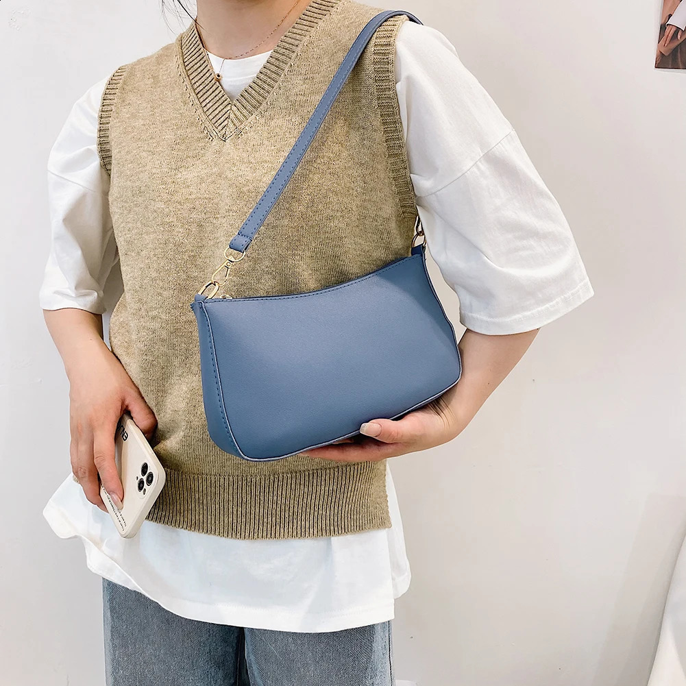 Cute Solid Color Small PU Leather Shoulder Bags For Women Summer Simple Underarm And Purses Female Travel 240814