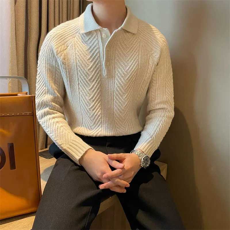 Sweater Mens Retro Texture Turndown Collar Polo Shirt Autumn Winter Casual Solid Color Buttons Knitted Sweaters Tops PulloverXJ240814