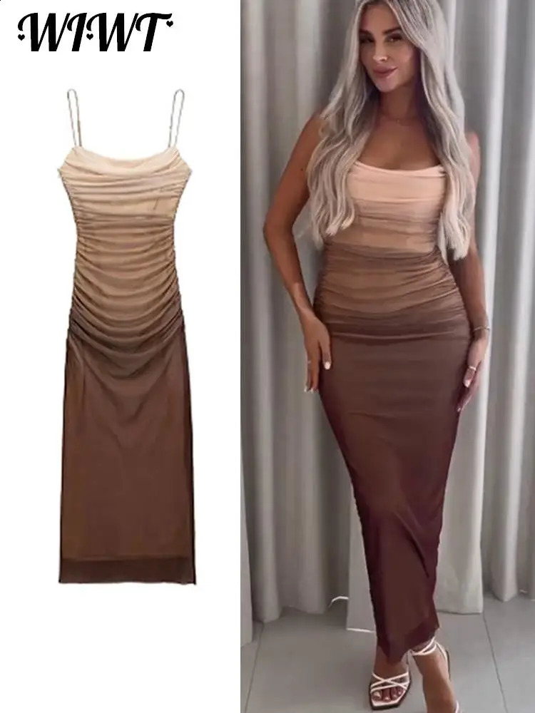 Gradient Print Tulle Beach Dress Women Summer Sleeveless Strap Pleated Midi Dresses Female Elegant Party Evening Vestido 240815