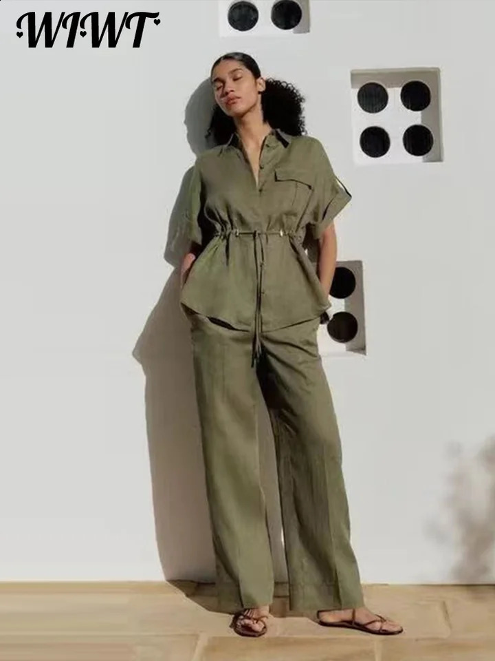 Elegant Lace-up Lapel Shirt Pants Set Women Loose Turn-down Collar Short Sleeve Top Straight Trousers Summer Casual Outfits 240815
