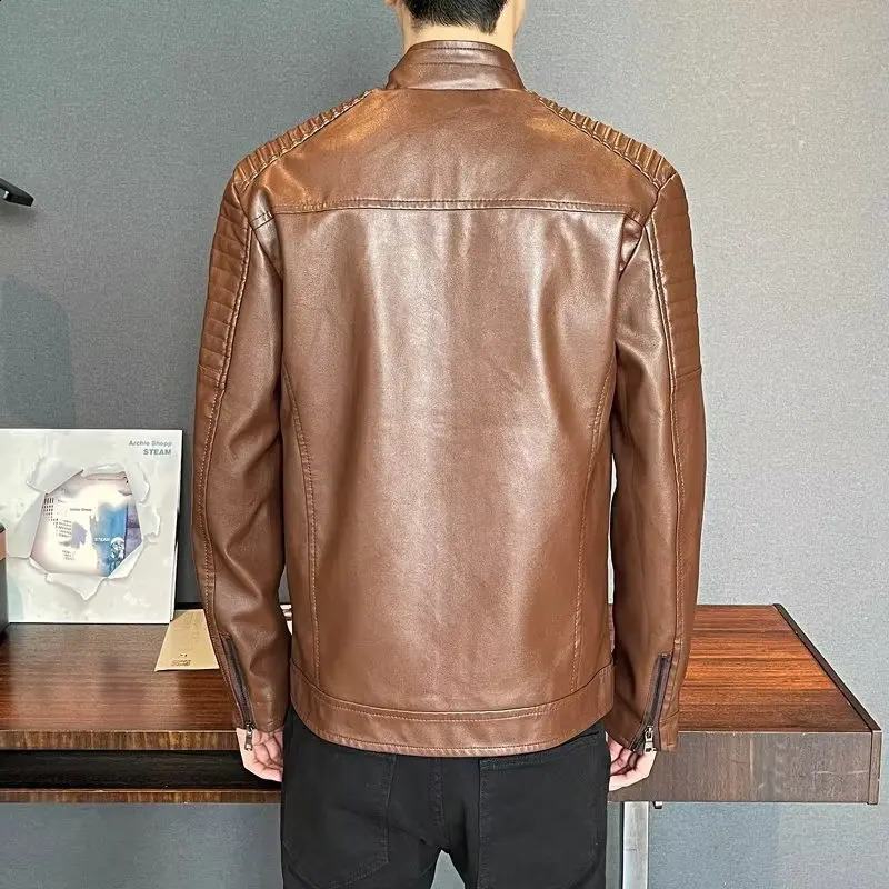 Stand collar leather jacket Korean slim trend motorcycle pu leather jacket 240814