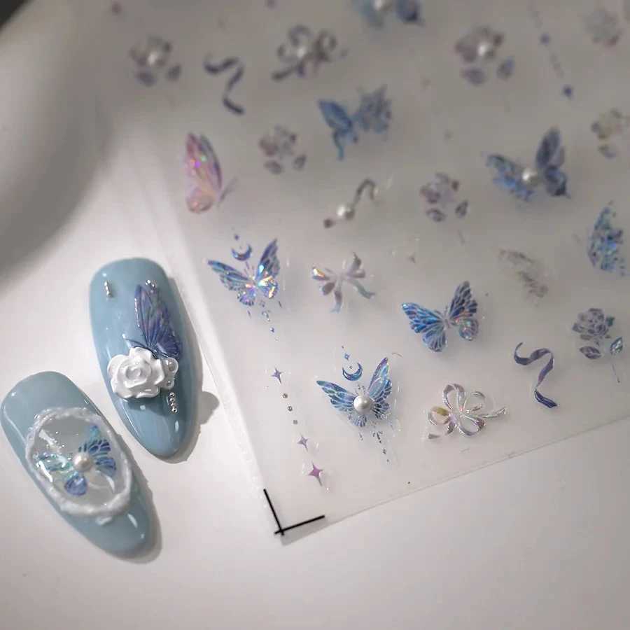 Blue Purple Butterfly Rose Bowknot Starlight Polarized 3D Self Adhesive Nail Art Stickers Pearl Rhinestone Chic Manicure DecalsXJ240814