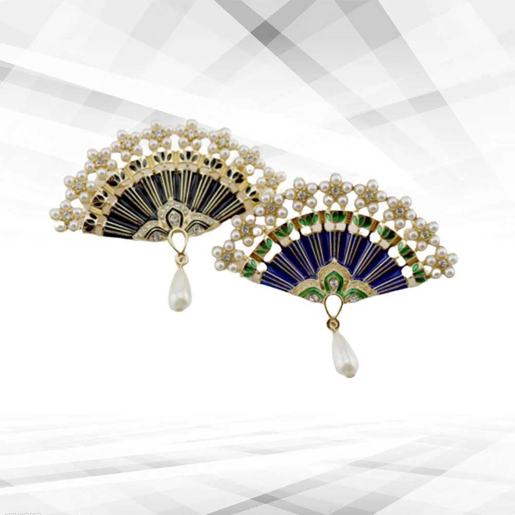 2 Pin Badges Christmas Party Brooch Blue and Black Fan Rhinestone Retro W240815