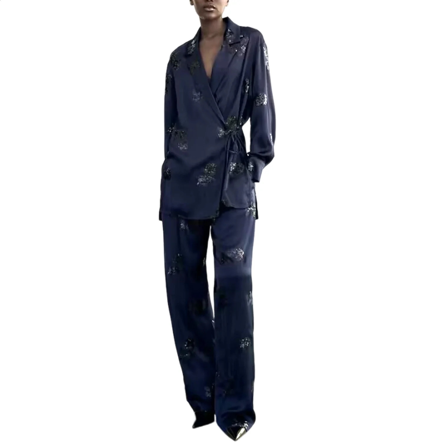 Womens Jacket and Kimono Tie Up Long Sleeved Top Satin Sequin Fashionable Temperament Straight Leg Pants Set 240821