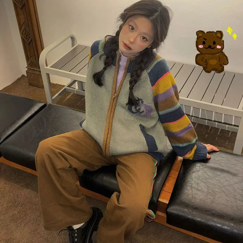 Rainbow Clashing Stripes Soft Sweater Women Winter Loose American Vintage Knitted Cardigan Jacket 240815