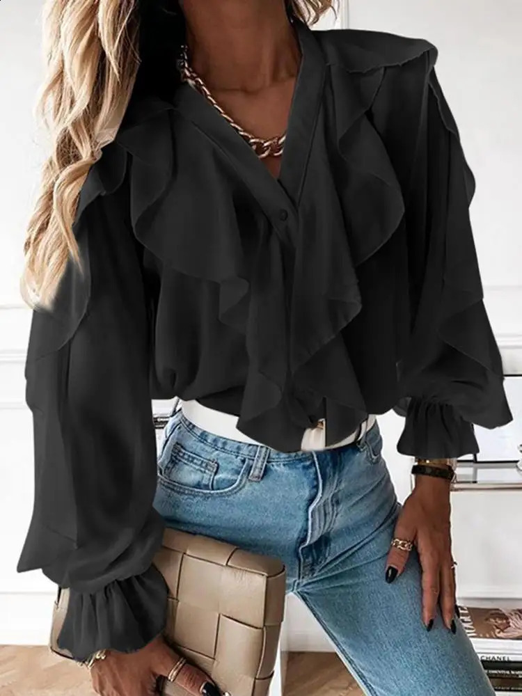 Celmia casual summer top elegant blonde party Blusas womens pleated edge fashionable sexy Vneck long sleeved button up shirt 240814