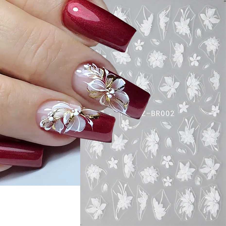 Acrylic Flowers Nails Art Stickers White Floral Petal Leaf Sliders For Nails Wedding Design Manicure DecorationXJ240814