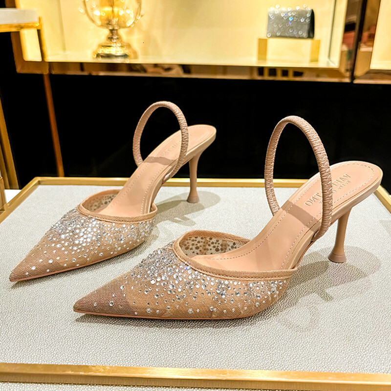 Brand Shiny Rhinestone Design Mesh High Heels Women Summer Elegant Open Pointed Toe Sandals Thine Heel Mules Pumps