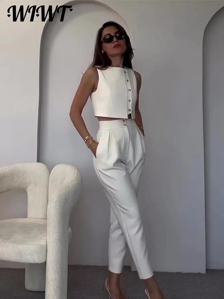 Casual Single Breasted Vest Pants Set Women Elegant Sleeveless O-neck Tank Top Slim Pencil Trousers Lady 2-Piece Outfit 240815