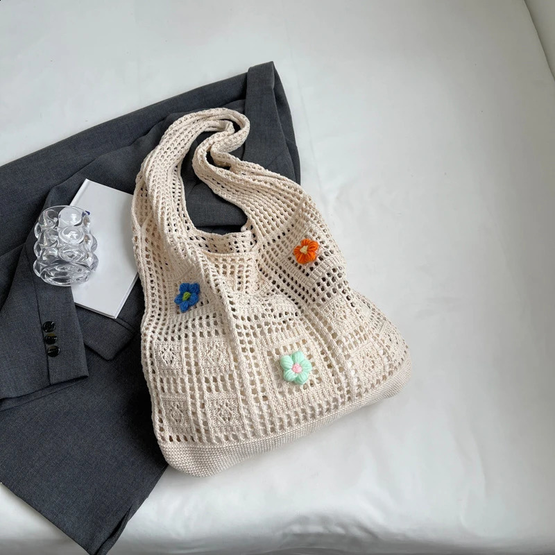 Women Crochet Tote Handbag Hollow Out Grocery Bag Solid Color Travel Shopping Ladies Daily Shoulder 240814