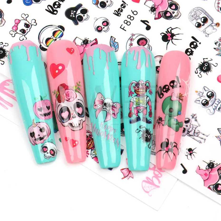 Cute Halloween Nail Design Sticker Pink Cartoon Skull Pumpkin Spooky 3D Punk Holiday Manicure Slider Nail Art Accessories BEF886XJ240814