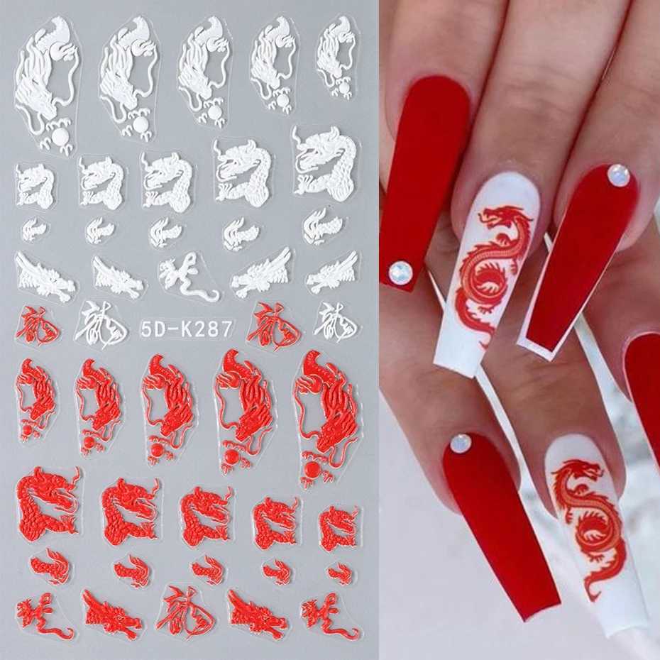 5D Dragon Snake Nail Decoration Art Stickers Black White Red Dragon Snake Chinese Character Design Gothic Style Sliders ManicureXJ240814