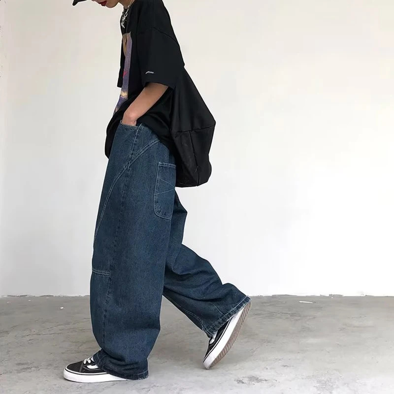 Japanese Oversized Jeans Mens Fashion Baggy Solid Color Casual Stitching Trousers Street Straight Harajuku Denim Pants 240814