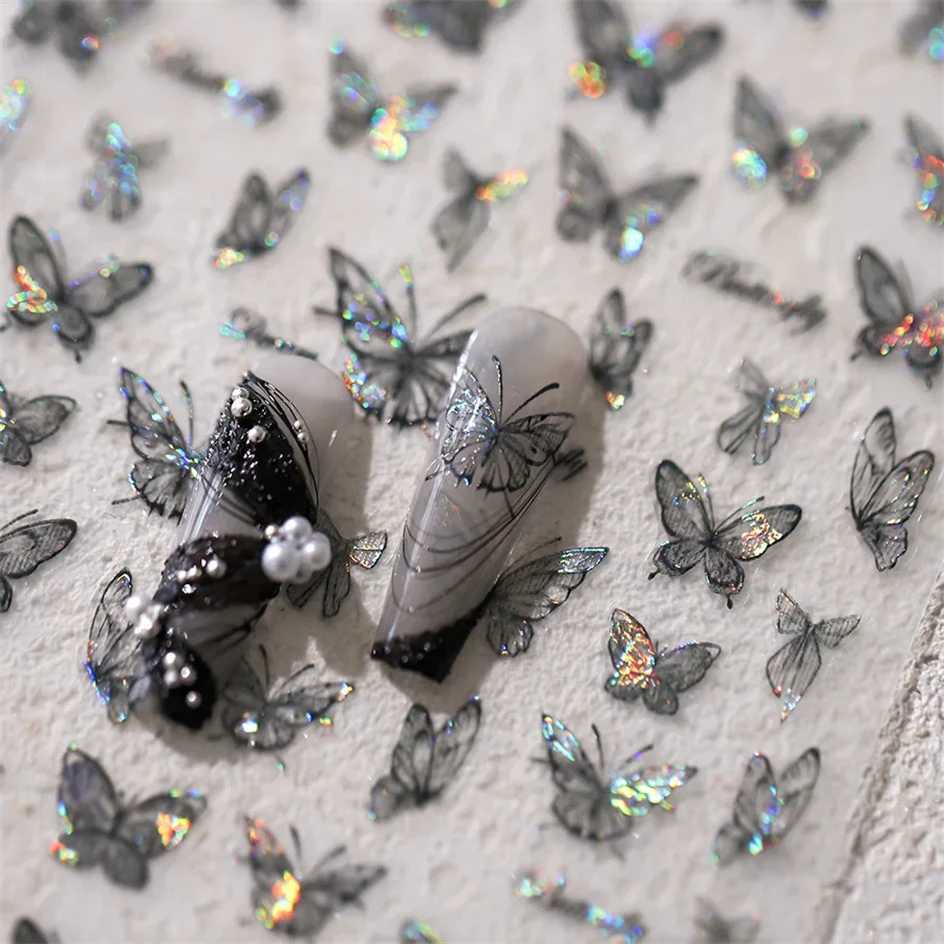 Shinny Black Dark Butterfly Nail Stickers High Quality Shell Light Design Adhesive Stickers Nail Art DecorationXJ240814