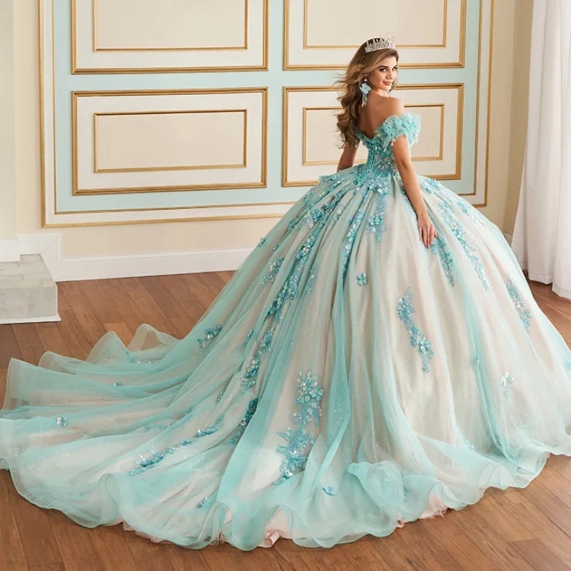 Glitter Water Blue Quinceanera Dress Ball Gown Champagne Lining Lace Applique Beaded Tull Mexican Corset Sweet 16 Vestidos De 15 Anos