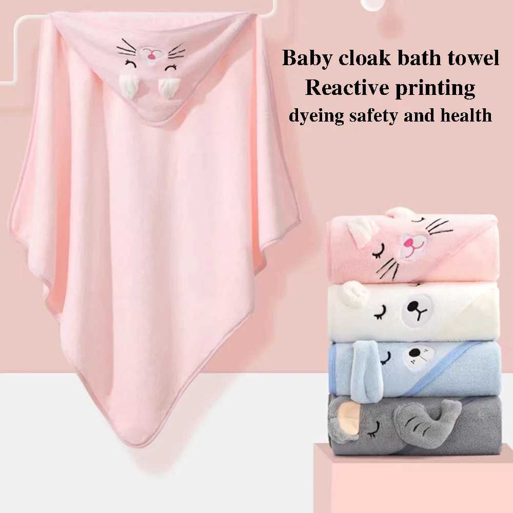 Newborn Kids Bathrobe Solid Color Cartoon Coral Fleece Super Soft 80cm Toddler Baby Hooded Bath Towel Bathrobe Swaddle Blanket Y240815