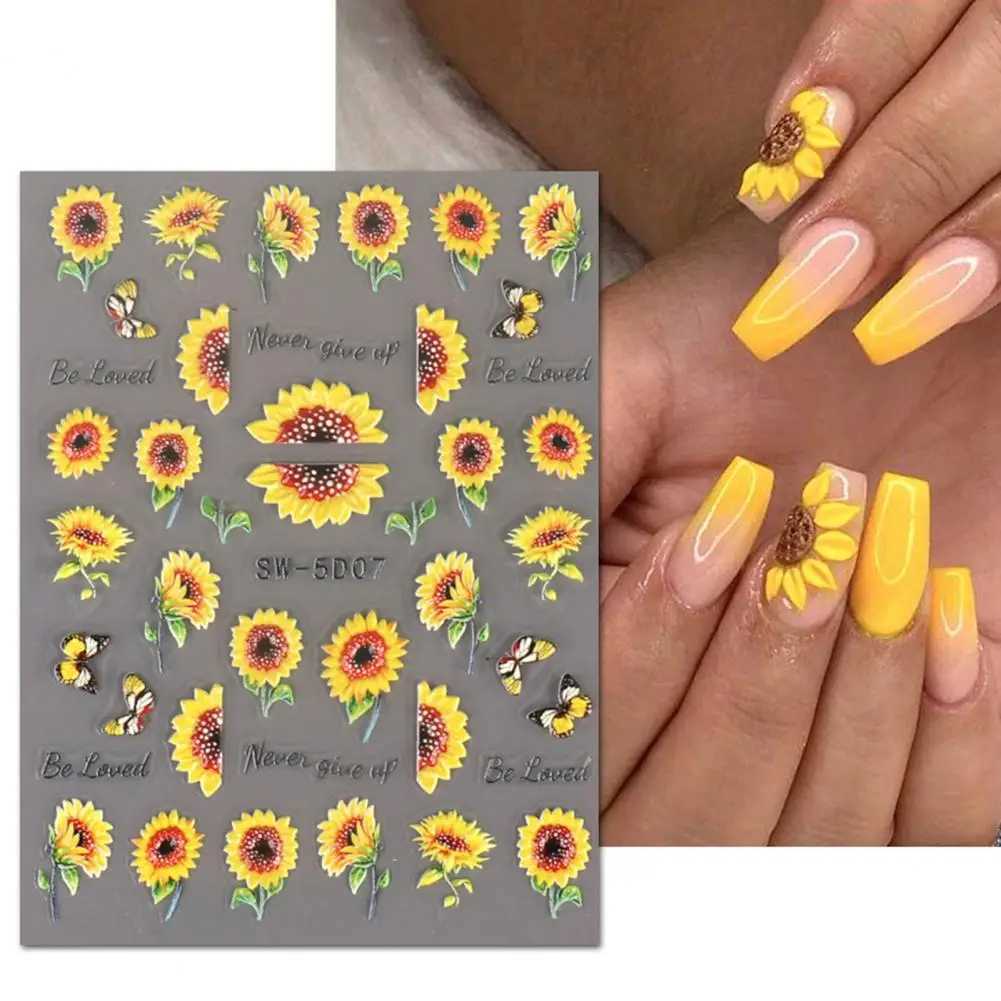 Nail Art Sticker 5D Relief Self-Adhesive DIY Nail Art Patch Spring Summer Sunflower Floral Pattern Manicure Decal Nail SalonXJ240814