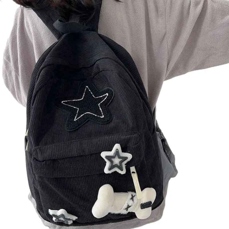 School Bags Double Strap Shoulder Bags with Star Pattern Backpack for Student Large Capacity Corduroy Book Bag 240813